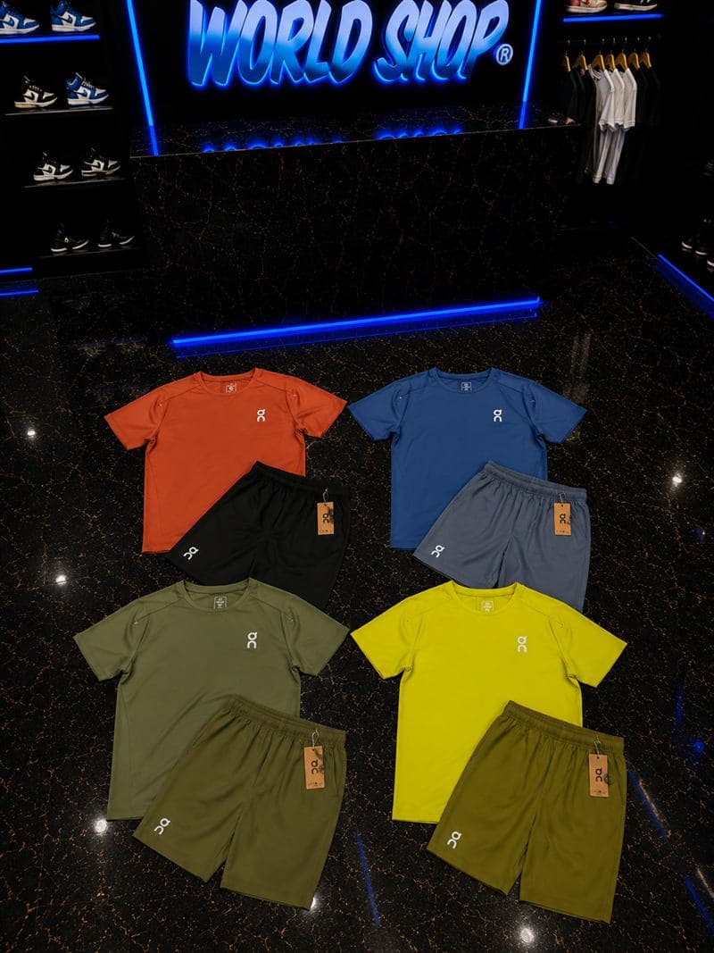 Ensemble tee + short bleu/jaune/olive