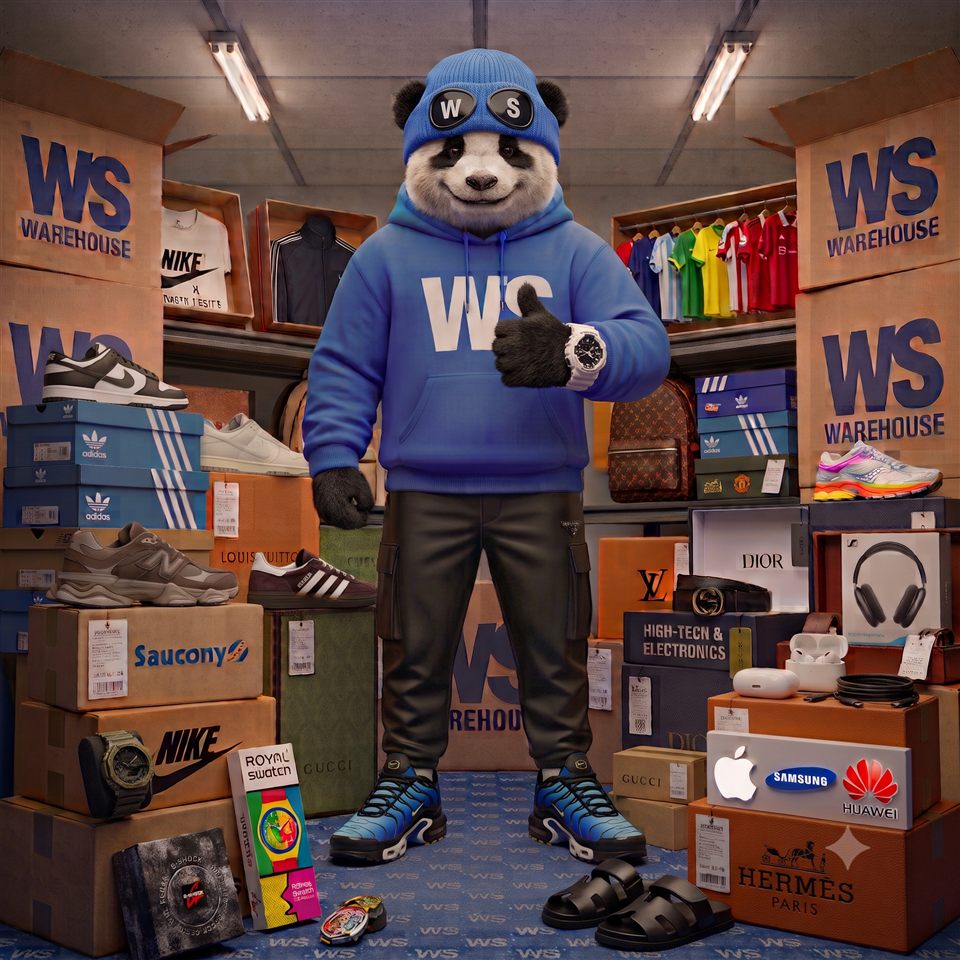Mascotte World Shop entourée de sneakers, mode et high-tech